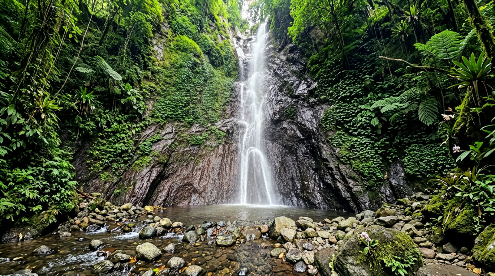 Waterfall cascading down a moss-covered cliff into a rock pool