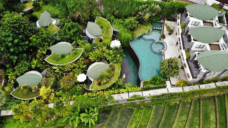 De Moksha, aerial of the villas and pool among rice fields